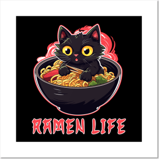 Black Cat Eating Ramen Noodles Japanese Food Posters and Art